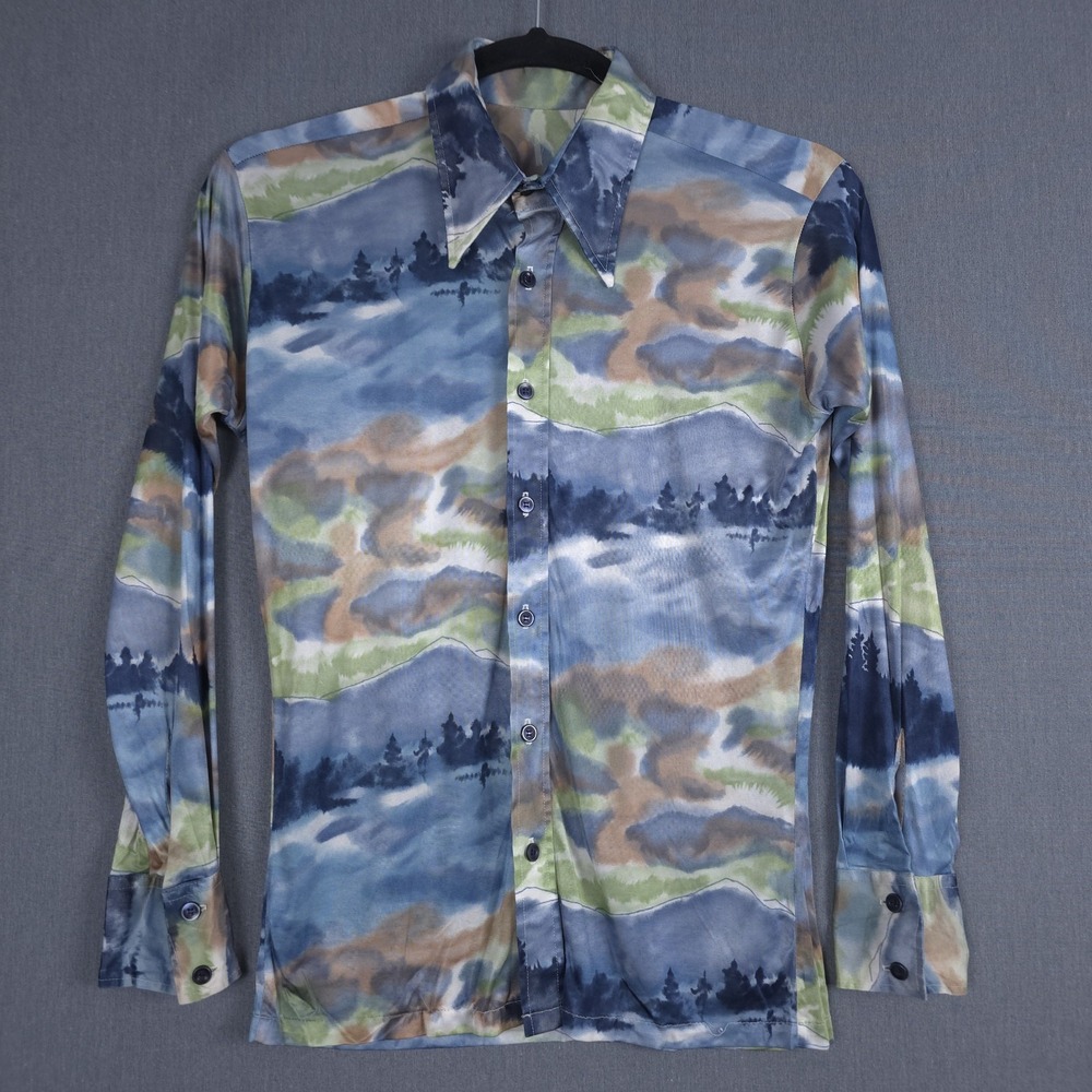 Vintage 1970s Monticello Disco Shirt Mens Large 16 Acetate Nylon Dagger Collar